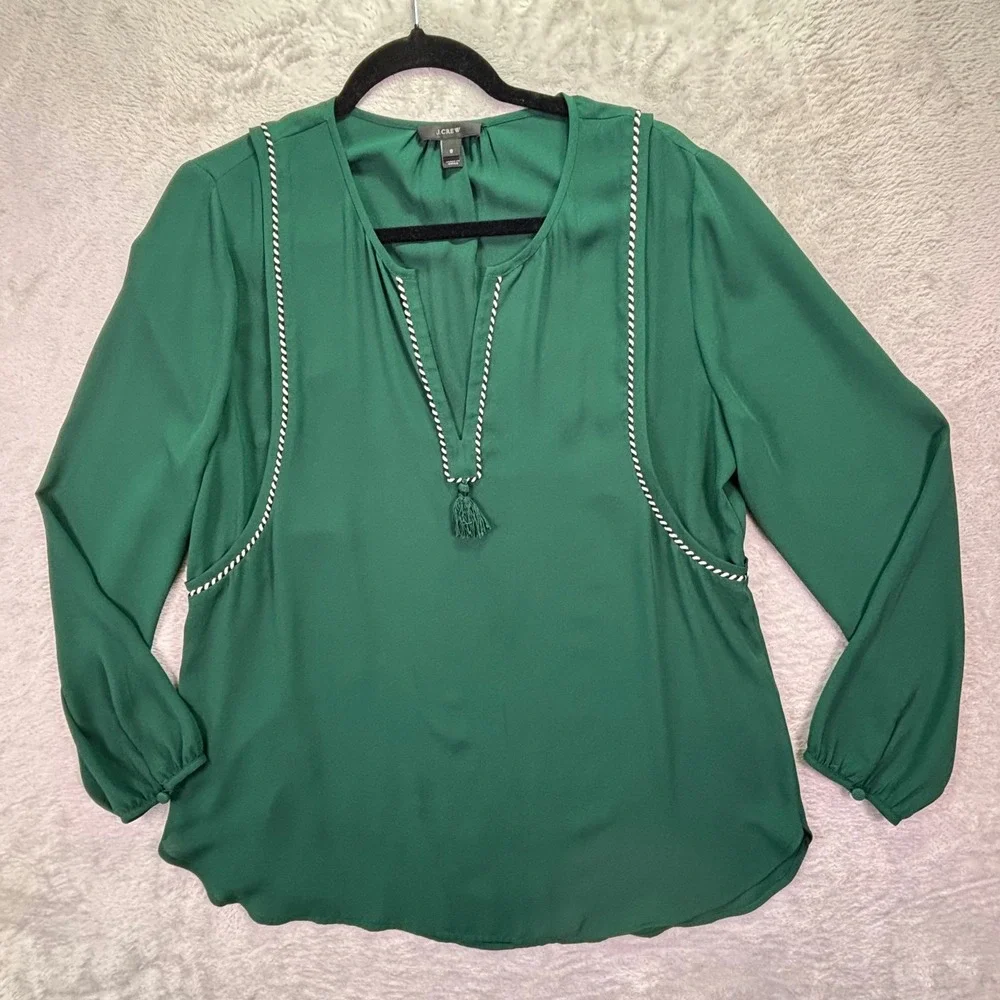 J. Crew Women Blouse Size 8 Green‎ Tassel Whipstitch Split Neck Long Sleeve